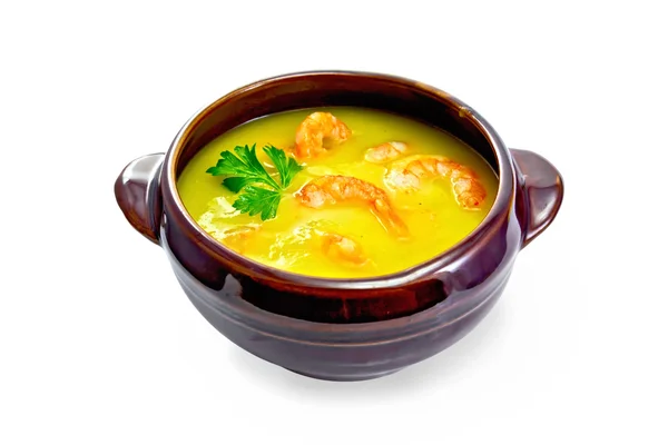 Soup-puree pumpkin with shrimps in clay bowl — Stock Photo, Image