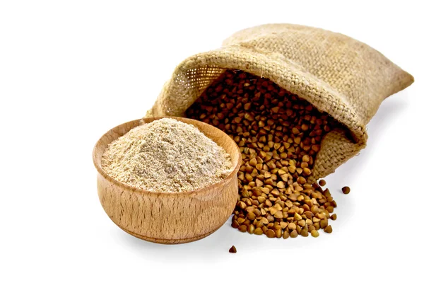 Farinha de trigo sarraceno em tigela com cereais — Fotografia de Stock