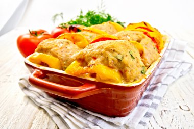Cutlets of turkey with tomatoes in pan on board