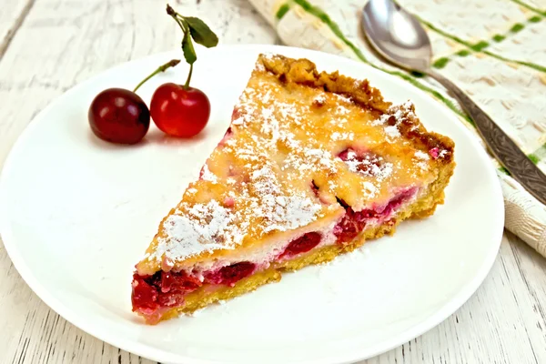 Pie cherry with sour cream on board — Stok fotoğraf