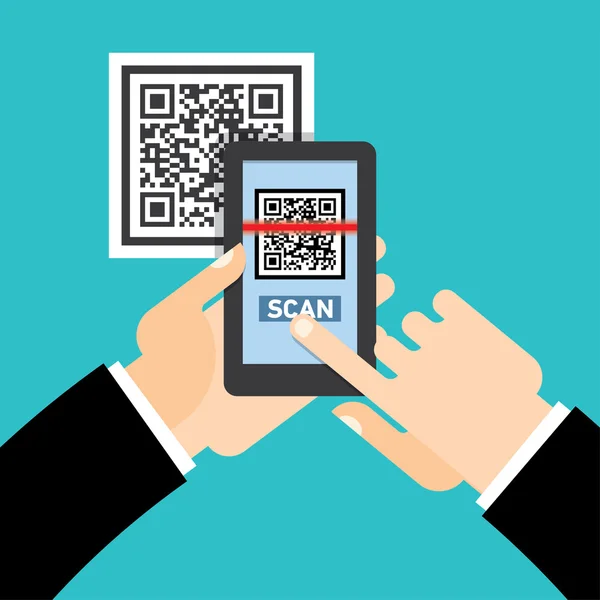 携帯電話に Qr コードをスキャンします。 — ストックベクタ