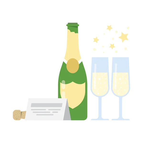 Fles champagne en twee glazen. — Stockvector