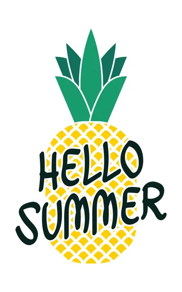 Bonjour été affiche lumineuse avec ananas et lettrage dessiné à la main — Image vectorielle