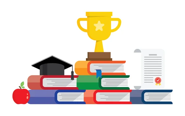 Graduation awards pedestal with cup, graduate cap and certificate. — Stock Vector