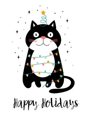 Vektör illüstrasyon karakter tasarımı Noel ışığı, yeni yıl tebrikleri içeren kart