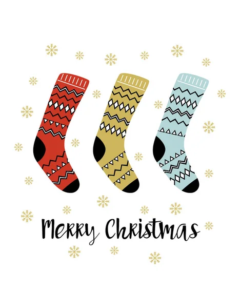 Holiday Merry Christmas Card Socks Lettering Isolated White Background Vector — Stock Vector