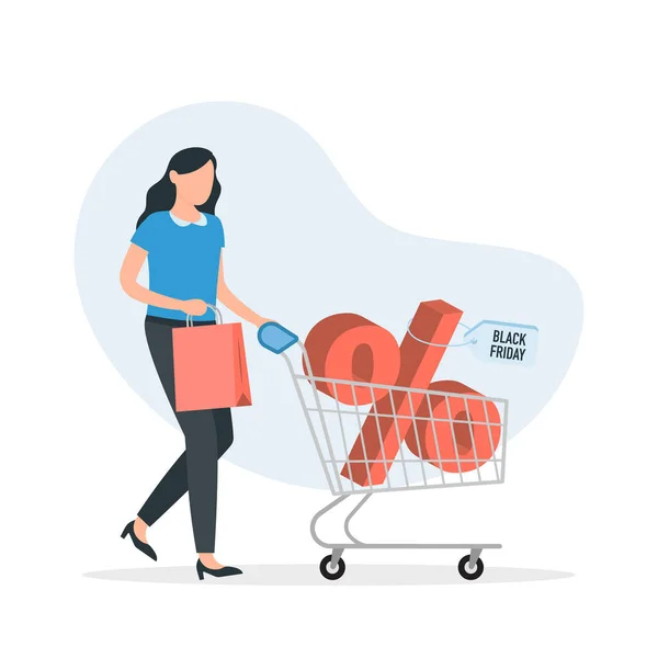 Black Friday Sale Event Woman Shopping Cart Percent Sign Vector — Stock Vector