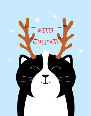 Geyik boynuzlarında kedi olan tebrik kartı ve beyaz arka planda izole edilmiş mutlu noeller, vektör illüstrasyonu