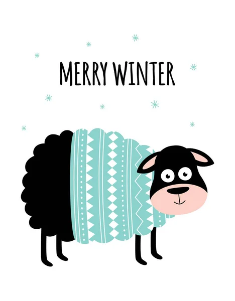 Vtipné Ovce Svetru Nápis Veselá Zima Izolované Bílém Pozadí Vektor — Stockový vektor