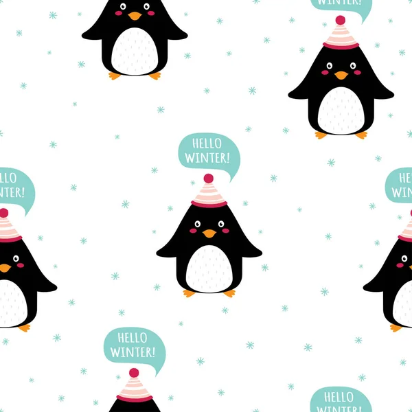 Pinguin Nahtloses Muster Niedliche Pinguine Drucken Isoliert Auf Weißem Schneeflockenhintergrund — Stockvektor
