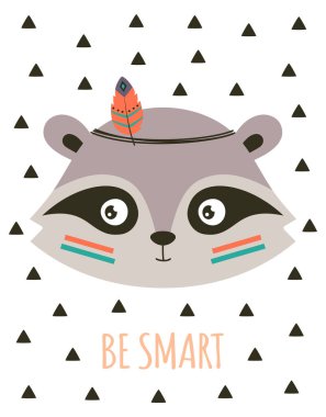 Saç bandı ve tüyleri olan sevimli bir kabile rakunu beyaz arka planda izole edilmiş, vektör illüstrasyonlu.