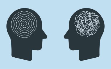 Karmaşa ve düşünce düzeninin zıttı. Zıt görüşe sahip iki kişinin kafası. Vektör illüstrasyonu.