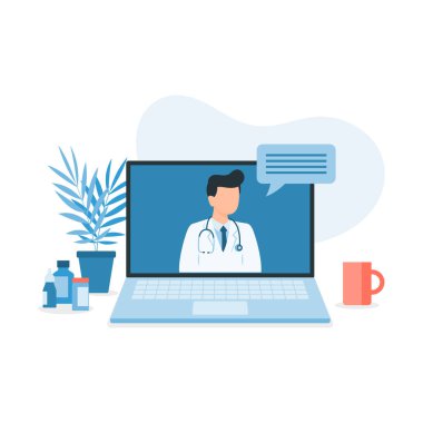 Çevrimiçi doktor. Bilgisayarınız aracılığıyla uzman tavsiyesi, online tanı konsepti. Vektör illüstrasyonu
