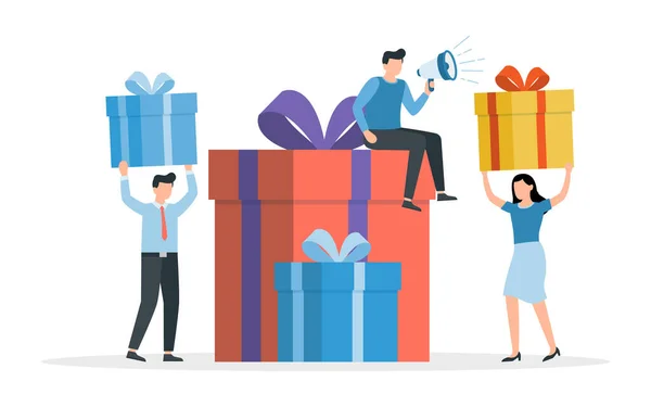 Ευτυχισμένοι Άνθρωποι Δώρα Τεράστιος Σωρός Από Κουτιά Δώρων Γενέθλια Επέτειος — Διανυσματικό Αρχείο