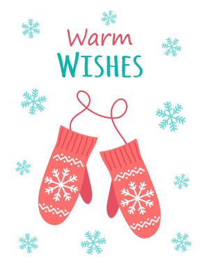 Beyaz arka planda izole edilmiş tatlı kış eldivenlerinin vektör çizimi, kış eldivenli festival posteri, mutlu kış tatili kartı veya poster şablonu