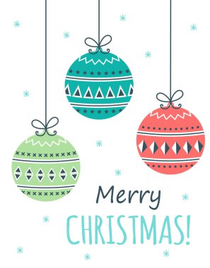 Çizgi film tarzında dekorasyon toplarıyla mutlu noel kartları, vektör illüstrasyonları