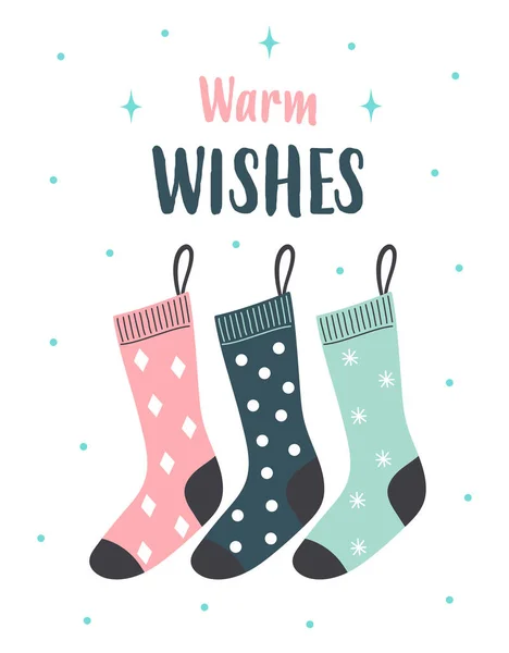 Вітальна Листівка Різдвяними Шкарпетками Векторні Ілюстрації Мультиплікаційному Стилі — стоковий вектор