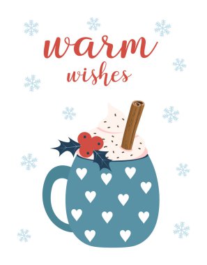 Kakao bardaklı kış kartı, marşmelov, kutsal bereler ve kupa süsü, kahve ile mavi kupa, noel tarçın ve krema, düz tasarım elementleri, kış mevsimi illüstrasyonu