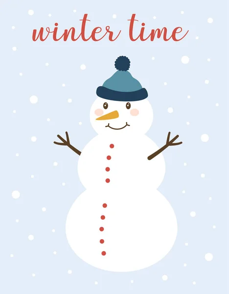 Lindo Muñeco Nieve Ilustración Estilo Plano Símbolo Invierno Navidad Año — Vector de stock