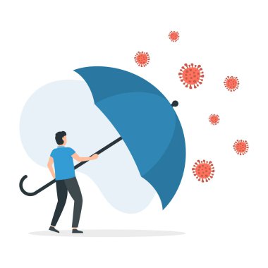Adam koronavirüsü korumak için büyük şemsiye kullanıyor. Güçlü bağışıklık sistemi konsepti. Vektör illüstrasyonu