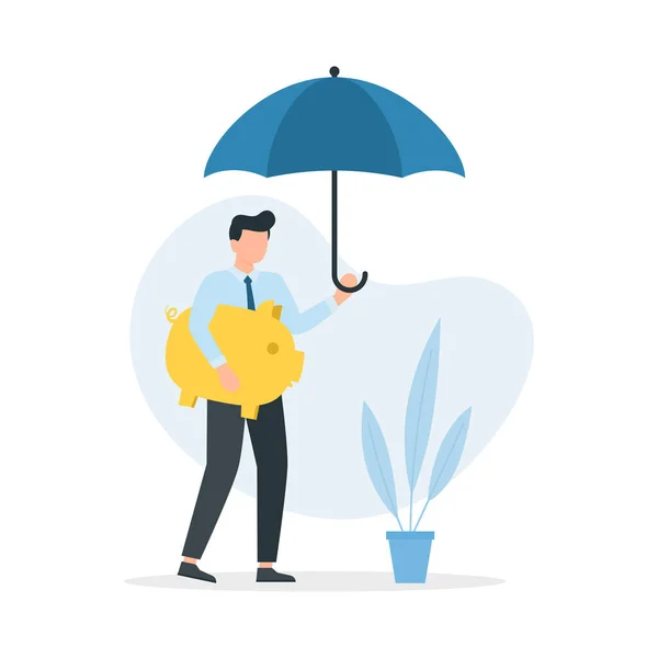 Man Umbrella Protecting His Piggy Bank Concept Protection Saving Money — Stock Vector