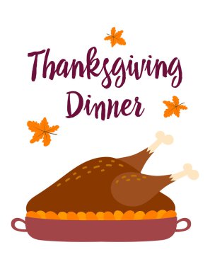 Şükran Günü için fırında hindi, Şükran Günü hindi vektör çizimi, mesaj ve tebrik kartı.