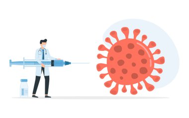 Doktor, Coronavirus 2019-nCoV aşısı taşıyan büyük bir şırınga taşıyor. Corona virüsünü durdur. Corona virüsünden korunun. Vektör illüstrasyonu