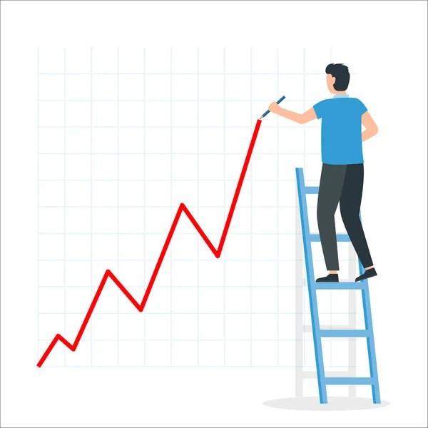 Hombre Negocios Dibuja Una Tabla Crecimiento Pie Las Escaleras Gráfico — Vector de stock