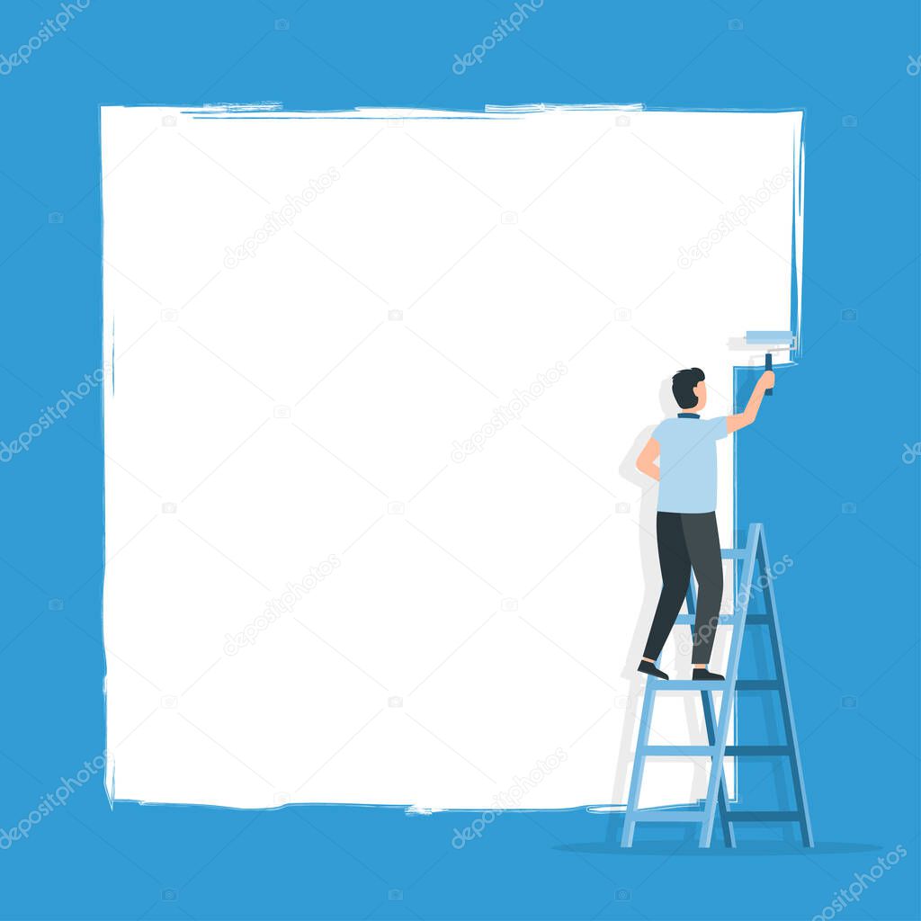 Worker on ladder paints a wall. Space for text. Vector illustration.
