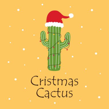 merry christmas card, cactus in hat of santa and garland with stars, cute vector greeting card clipart