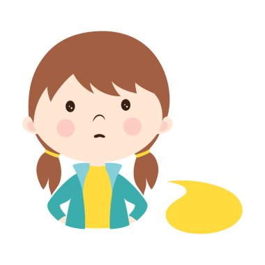 Beyaz arka planda izole edilmiş konuşma balonu olan sıradan giyinmiş genç üzgün kız, vektör illüstrasyonu