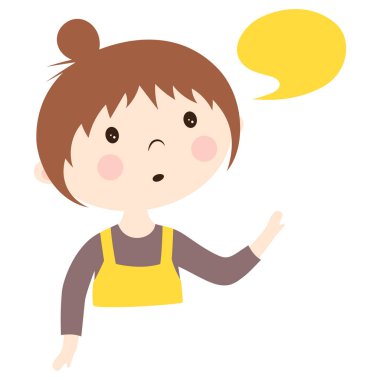 Genç ve tatlı bir kız, beyaz arka planda izole edilmiş günlük giysiler içinde gülümseyen ve konuşma baloncuğu olan ellerini hareket ettirerek bir şeyler söyler.