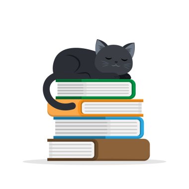 Kara kedi kitap yığınının üzerinde uyuyor. Beyaz arkaplanda vektör illüstrasyonu