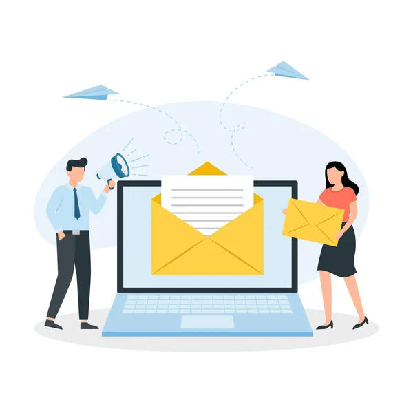 Mensagem Mail Tela Laptop Homem Mulher Segurando Envelopes Conceito Mensagem — Vetor de Stock