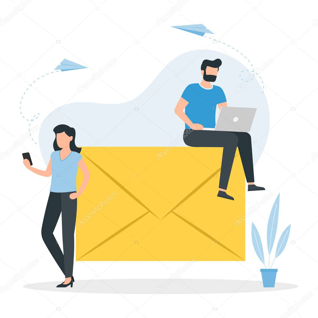 Email message concept, man with a laptop sits on a letter. Vector illustration.