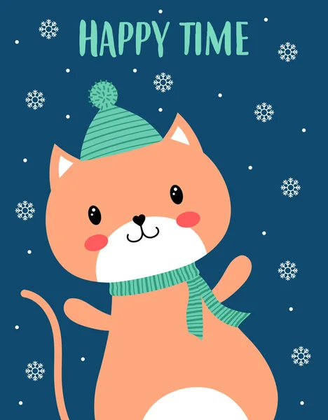 Christmas Card Cat Cartoon Character Lettering Happy Time Cute Kitten — Stock Vector