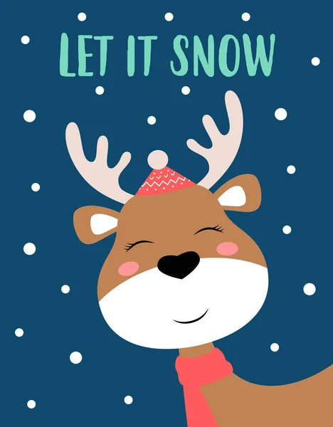 圣诞贺卡 带有可爱的鹿群和字母让它下雪 病媒图解 新年元素 卡通动物在雪地背景下被隔离 — 图库矢量图片