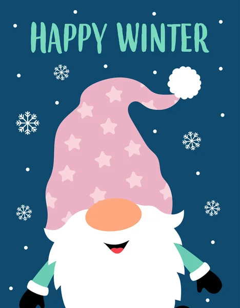 Pozdrav Vánoční Přání Roztomilým Gnómem Nápis Šťastný Zima Izolované Modrém — Stockový vektor