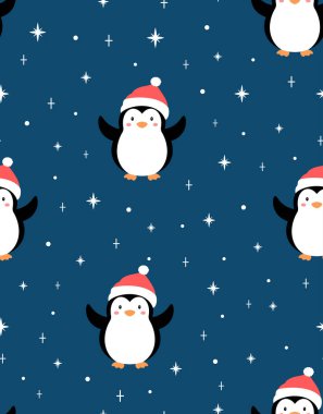 Dikensiz penguen deseni, kırmızı Noel şapkalı şirin penguenler mavi arka planda izole edilmiş beyaz kar noktaları, vektör çizimi