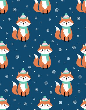 Kar taneleri arka planında izole edilmiş şirin tilki ve eşarplı şirin tilkinin vektör çizimi, şirin hayvanlı Noel 'i selamlama, çocuklar için baskılar