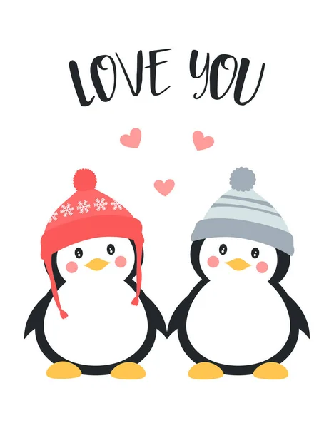Wektor Ilustracja Cute Para Pingwiny Przytulanie Noszenie Ciepłych Kapeluszy Walentynki — Wektor stockowy