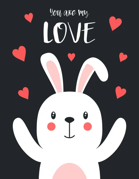 Greeting Card Cute Rabbit Hearts Lettering You Love Isolated Black — Stock Vector