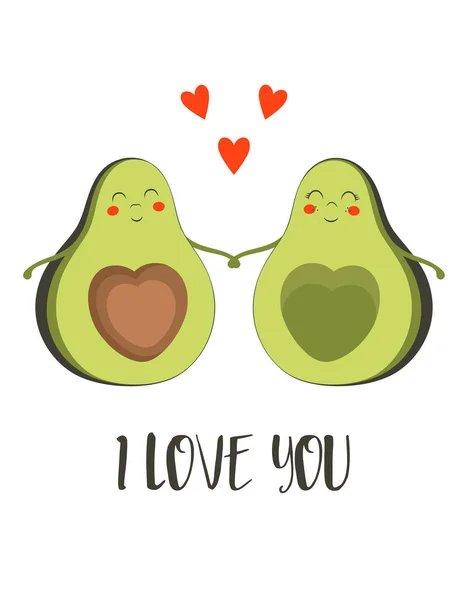 Niedlichen Avocado Paar Charakter Grußkarte Valentinstag Mit Süßen Avocados Und — Stockvektor
