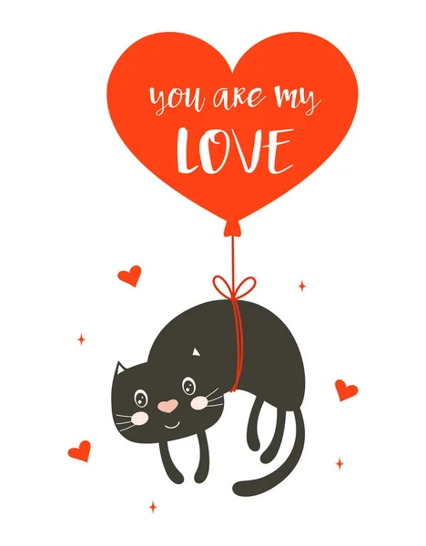 白い背景に隔離されたハート型の風船に黒い猫が飛んで漫画のバレンタインカード グリーティングカード ベクトルイラスト — ストックベクタ
