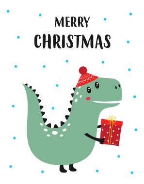 Beyaz arka planda izole edilmiş şirin bir tatil dinozoru, Mutlu Noeller mesajı, şenlikli baskı, komik dinazor karakterli tebrik kartı, vektör çizimi