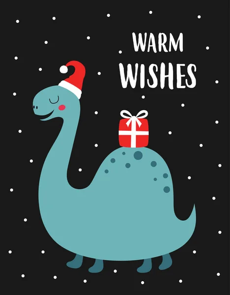 Cute Illustration Cheerful Dinosaur Hat Santa Claus Gift Isolated Black — Stock Vector