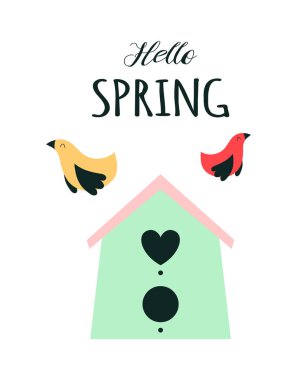 Beyaz arka planda izole edilmiş kuş evi, kuşlar ve metin merhaba ilkbaharı, vektör illüstrasyonlu şirin kart