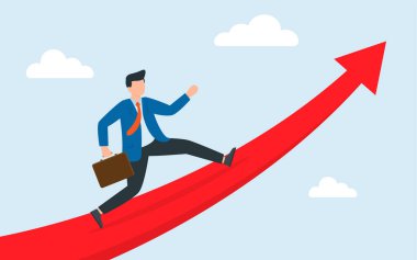 Kariyer başarıya yükselir. Erkek karakter, büyüyen ok grafiğinde başarıya doğru ilerliyor. Vektör İllüstrasyonu.