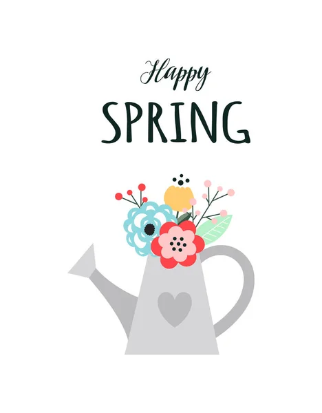 Vector Illustration Beautiful Bouquet Watering Can Text Happy Spring Isolated — Stock Vector