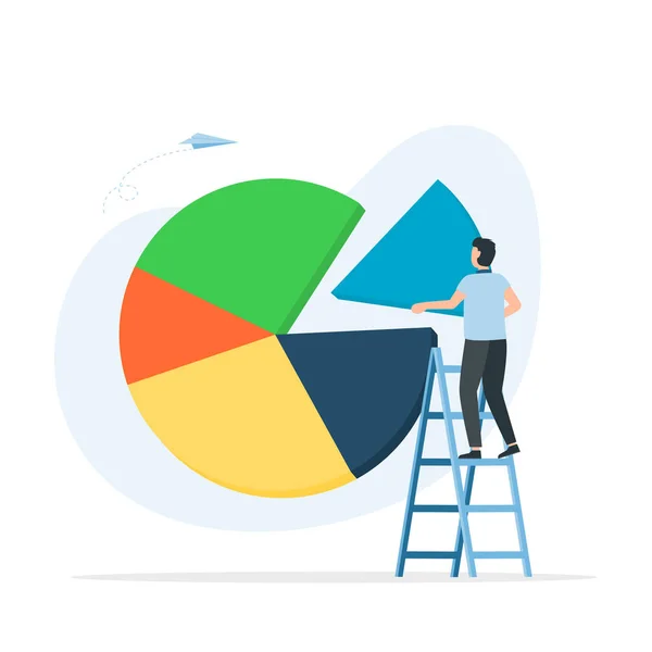 Zakenman Staat Ladder Een Taartdiagram Maken Toont Een Marktaandeel Percentage — Stockvector